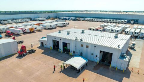 Pauls Valley, Oklahoma Walmart distribution center drone view of office building and shop bay
