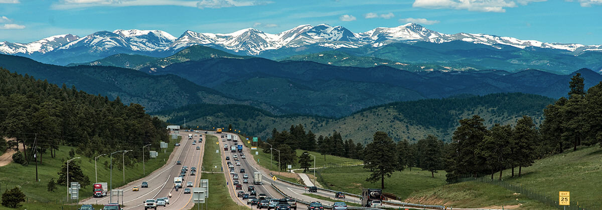 A stretch of interstate through the Rocky Mountains in Colorado.
