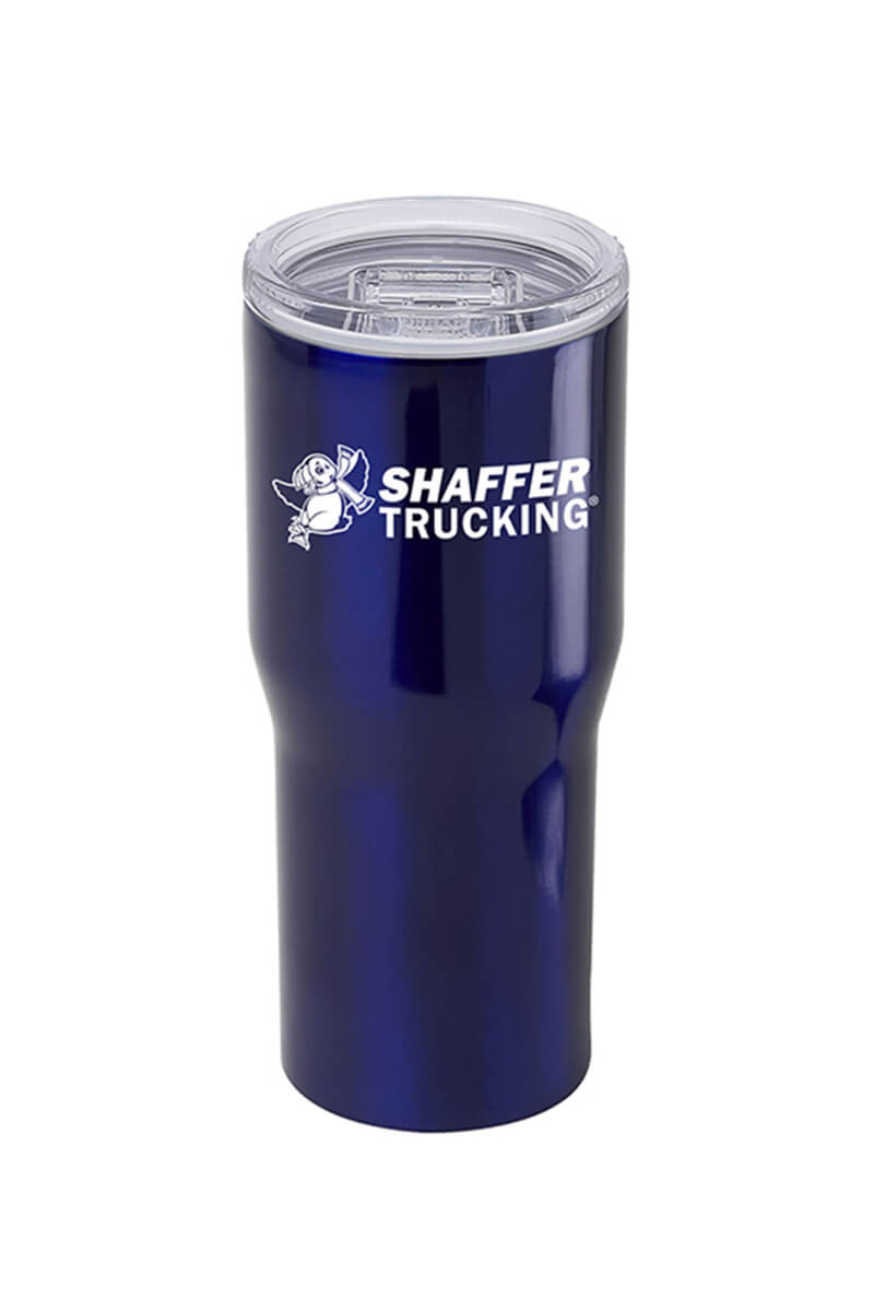 Urban Peak 20-ounce vacuum tumbler in blue with the Shaffer Trucking logo in white