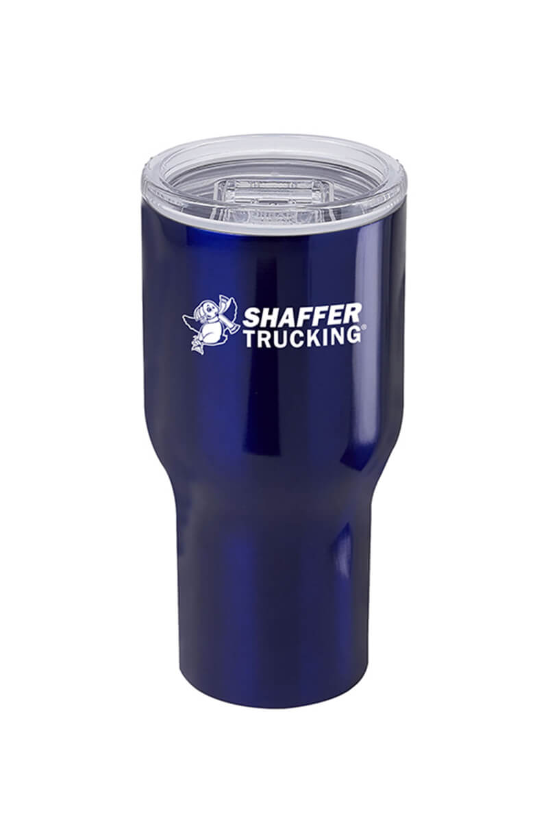 Urban Peak 30-ounce vacuum tumbler in blue with the Shaffer Trucking logo in white