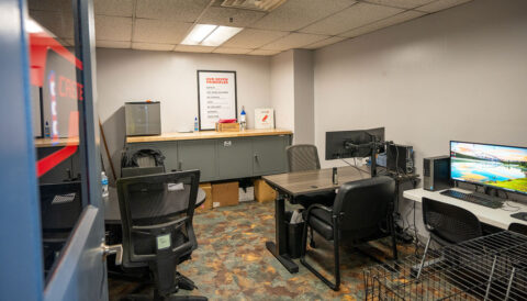 North Platte, Nebraska Walmart distribution center driver and guest computer lounge area with temporary pet kennel