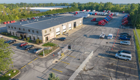 An aerial shot of the truck entrance to the fenced and gated yard at the Columbus, Ohio terminal