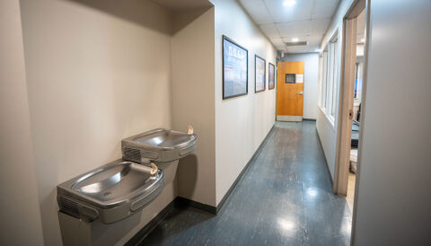 Hallway drinking fountains in the driver lounge area of the Columbus, Ohio terminal