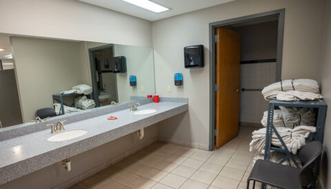The restroom sinks and towel storage area at the Columbus, Ohio terminal