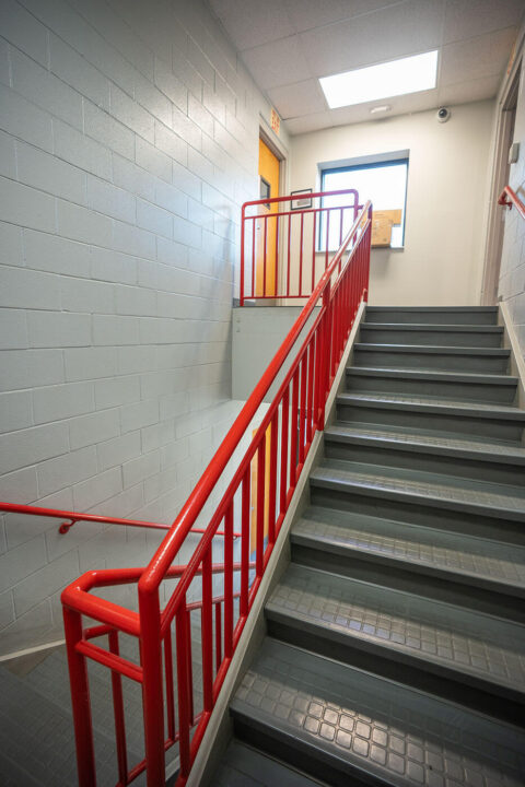 The driver lounge, showers, restrooms, media room, and other driver amenities are accessed via the stairwell to the second floor in the Columbus, Ohio terminal