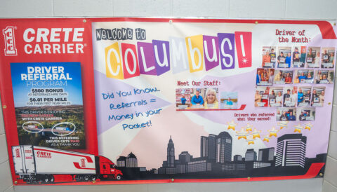 The "Welcome to Columbus" banner at the landing in the main stairwell of the Columbus, Ohio terminal