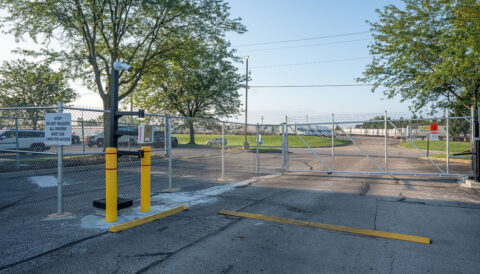 The main truck entrance gate into the fenced driver parking lot at the Columbus, Ohio terminal