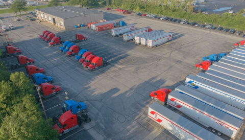 An aerial shot of the fenced truck parking area at the Columbus, Ohio terminal